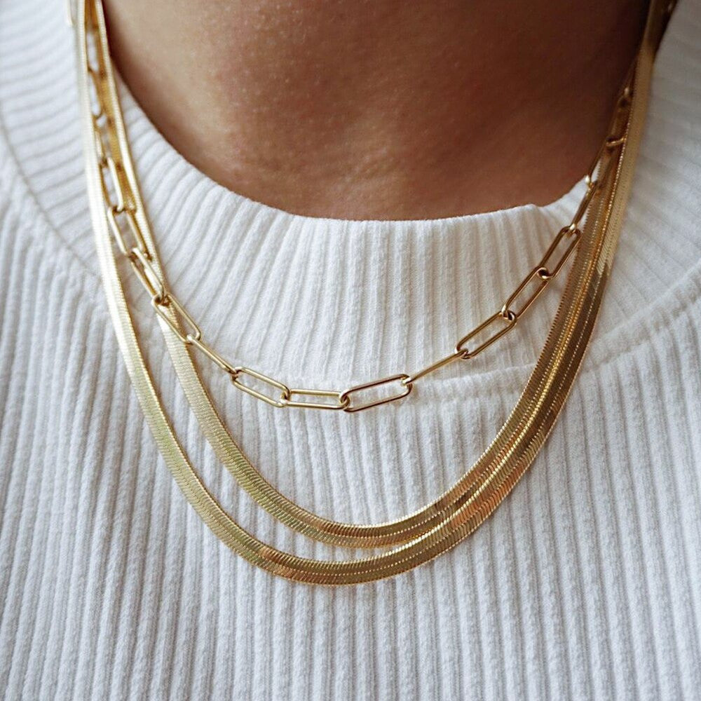 Waterproof Tarnish Free 18k Gold Stainless Steel Herringbone Chain Necklace Bracelet Set