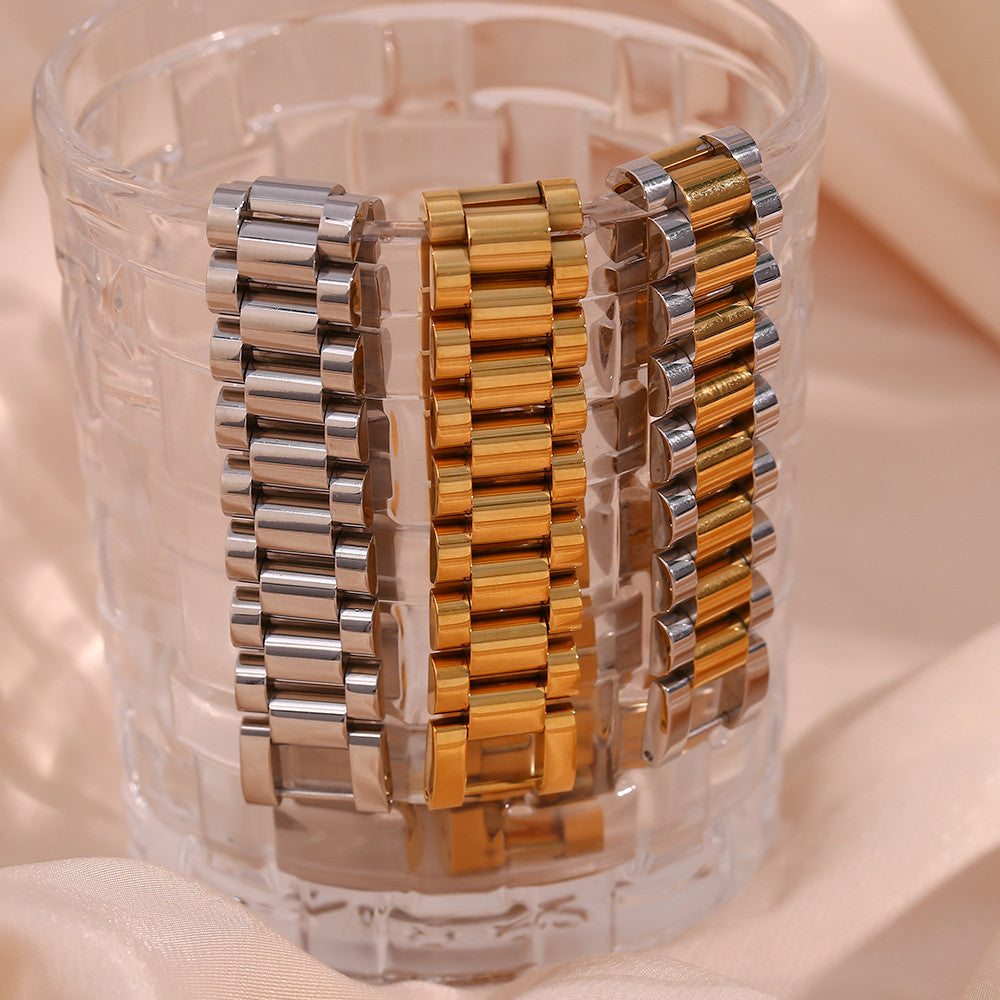 18k Gold Stainless Steel Exaggerated Hip Hop 15mm Watchband Bracelet