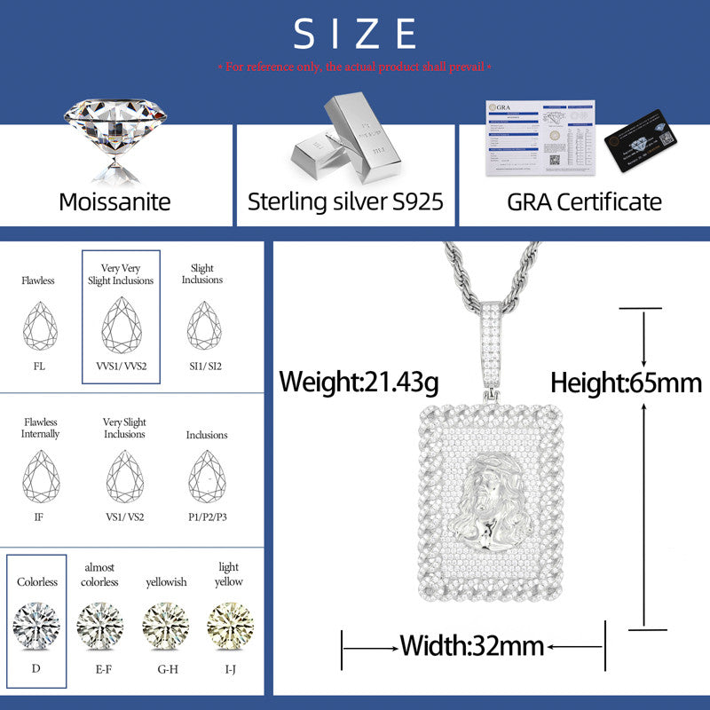 Jesus Tag | Solid 925 Silver Moissanite Diamond Jesus Head Hip Hop Pendant Chain