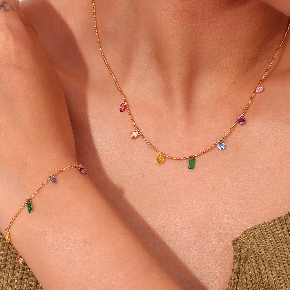 18k Gold Stainless Steel Waterproof Cubic Zirconia Stone Necklace Bracelet Anklet Jewelry Set