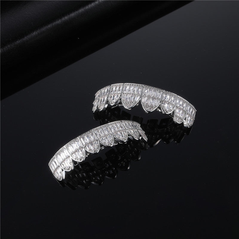 Mens Street Wear Baguette Iced Top Bottom 14k 925 Silver Blinged Out Grillz