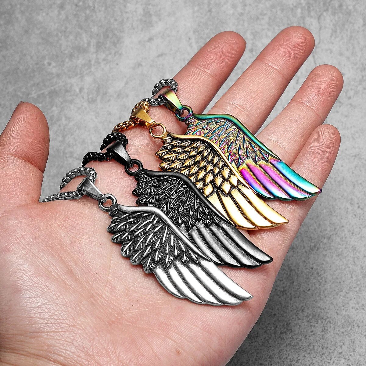 Mens Solid Stainless Steel Large Angel Wing No Fade Hip Hop Street Wear Pendant Necklace