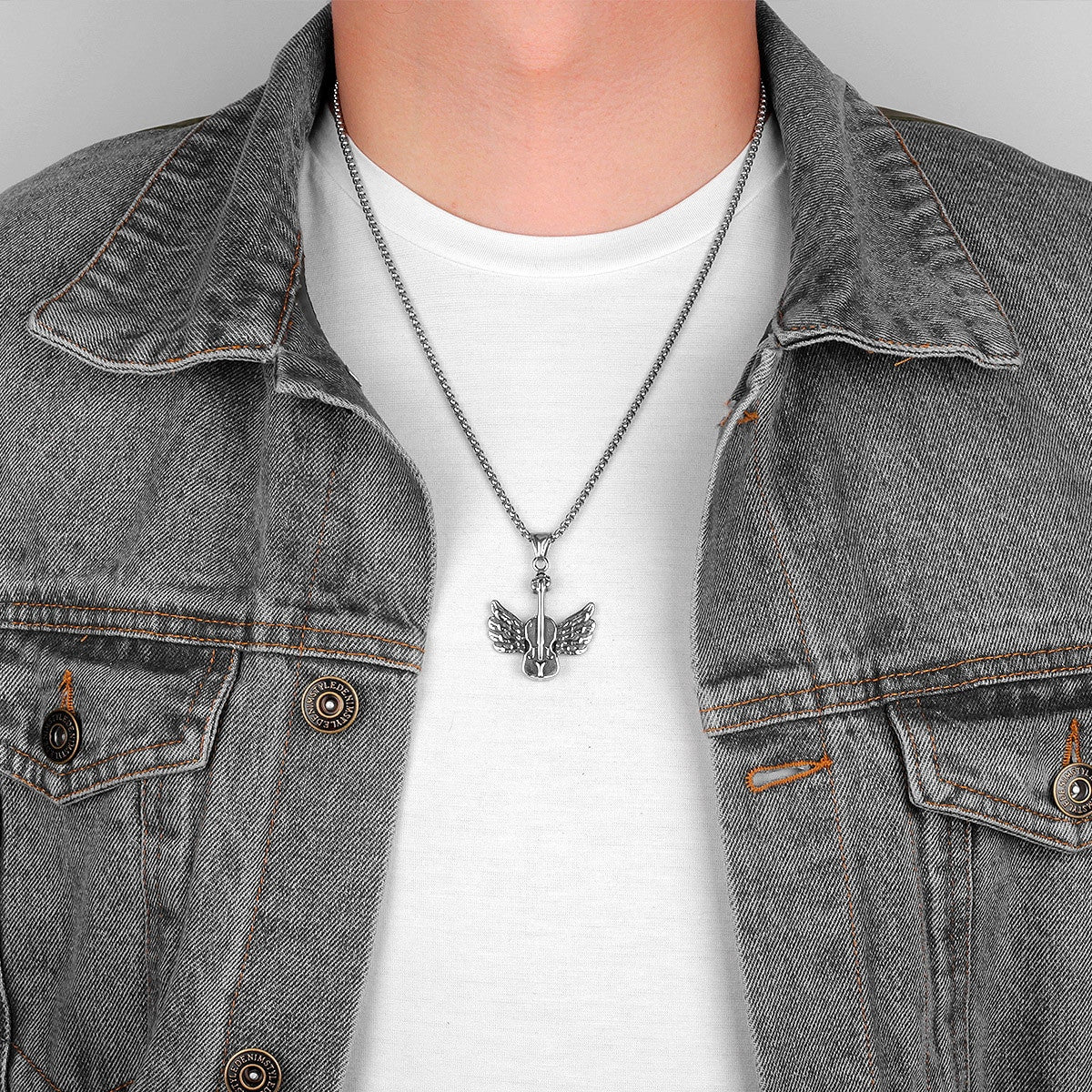 Mens 316L No Fade Stainless Steel Angel Wings Guitar Street Wear Jewelry Pendant