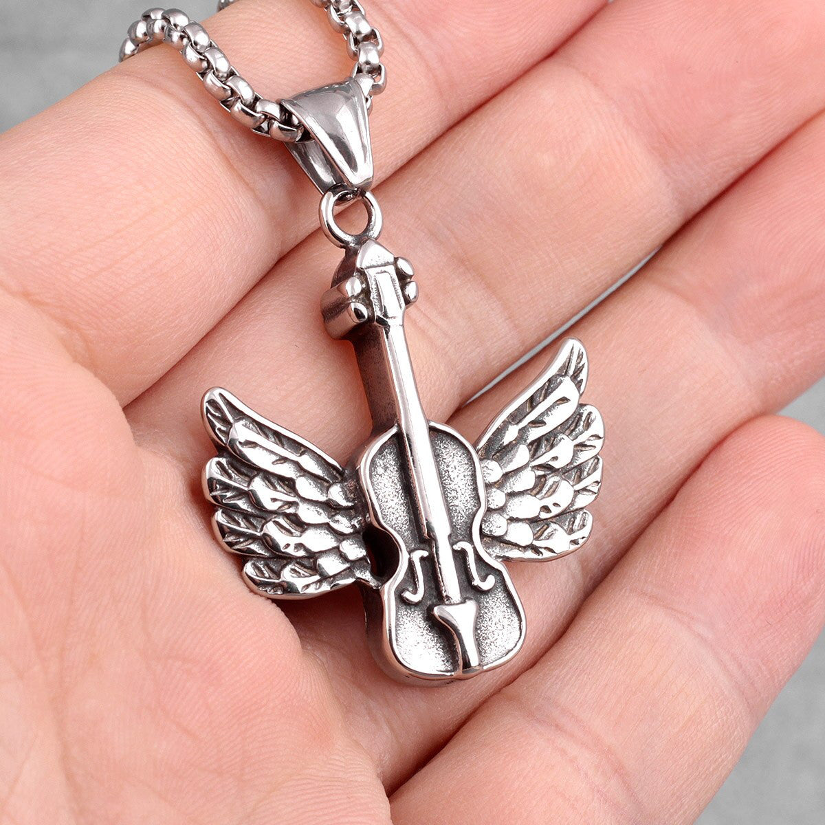 Mens 316L No Fade Stainless Steel Angel Wings Guitar Street Wear Jewelry Pendant