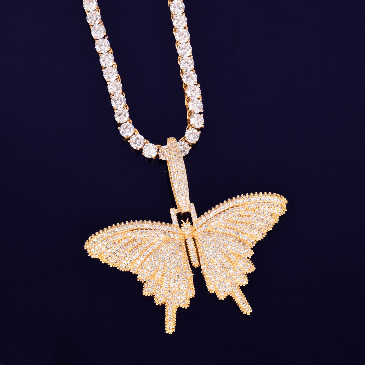 18k Gold .925 Silver Micro Pave Stone Enchanted Butterfly Iced Pendant Chain Necklace