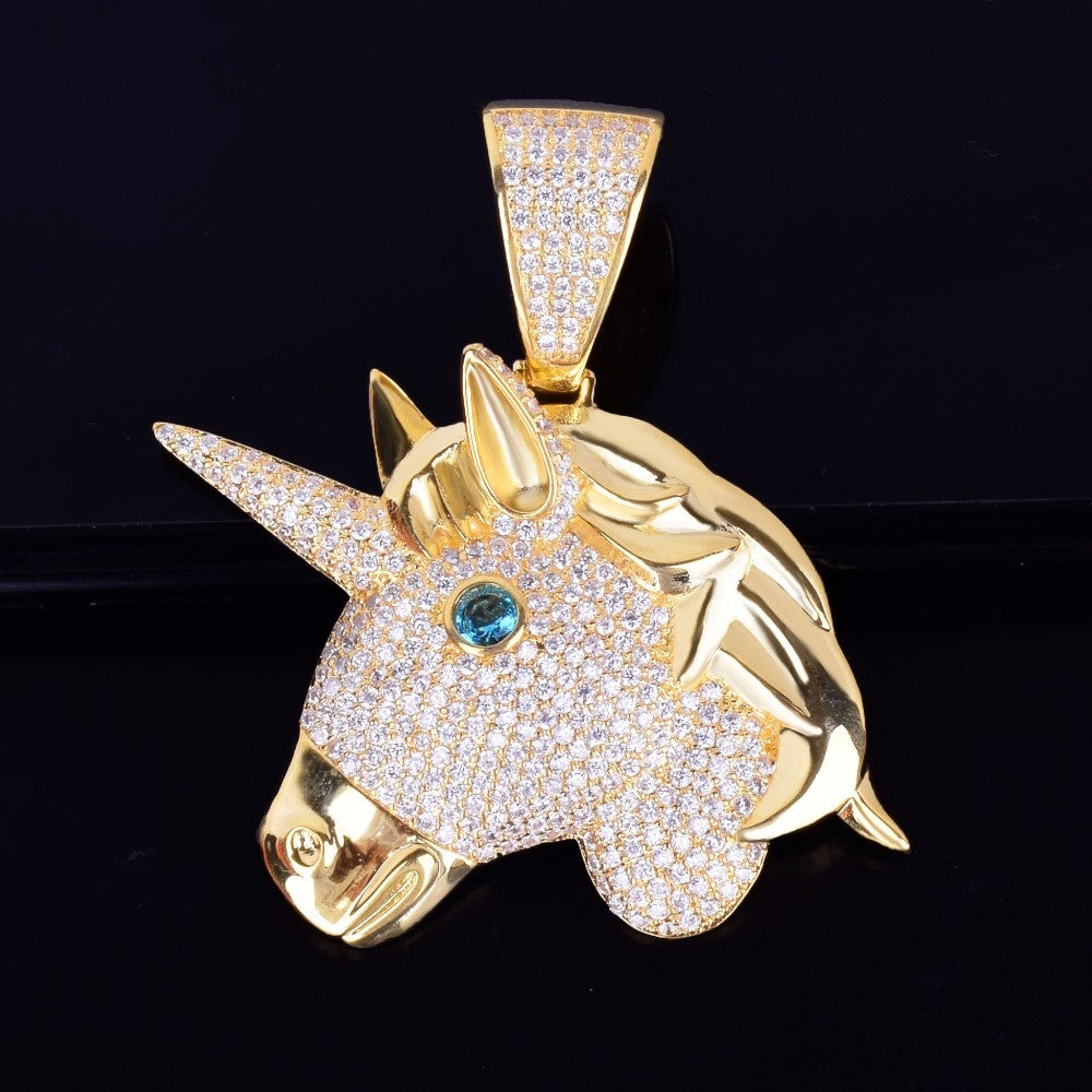 Unicorn Horse Head 14k Gold Silver Hip Hop Bling Pendant