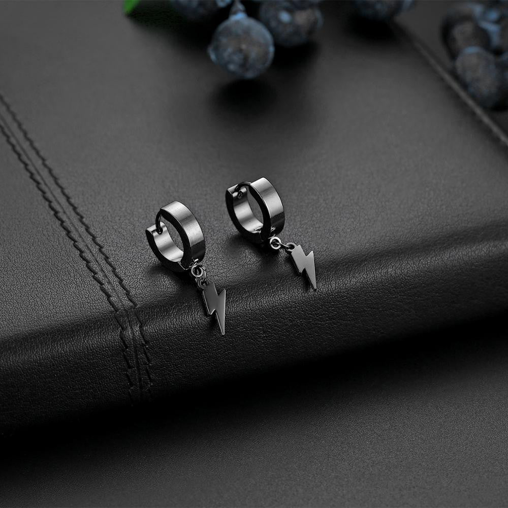 High Fashion No Fade Gold Silver Black Stainless Steel Huggie Lightning Bolt Earrings