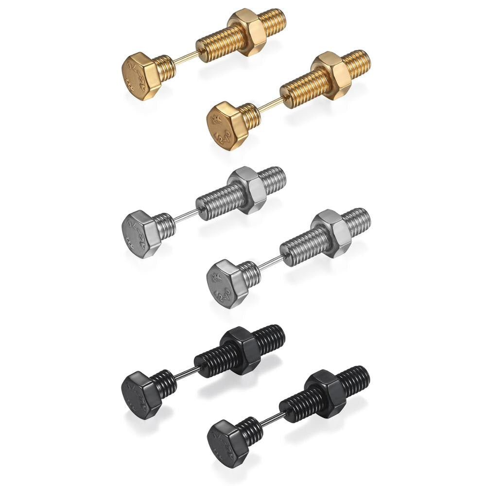 Rock Star Gold Silver Black Screw Bold Stainless Steel Earrings