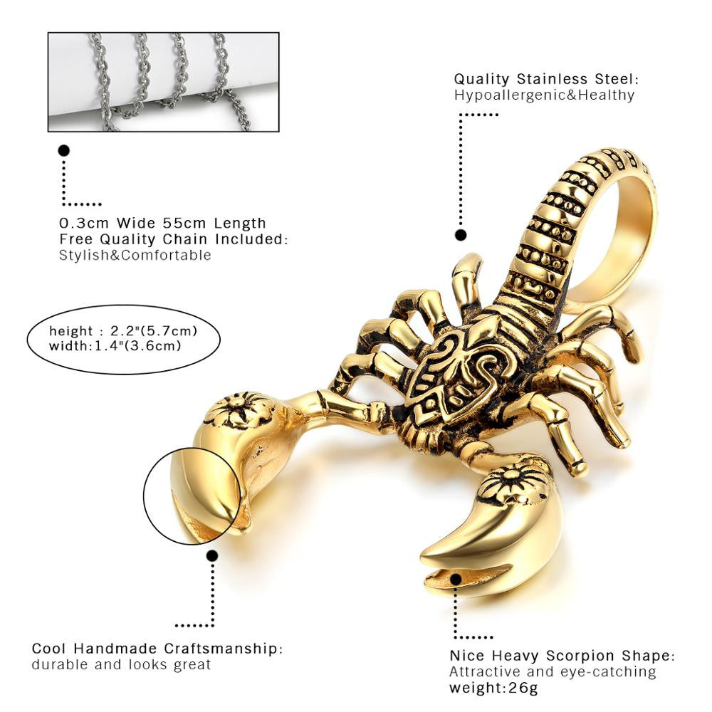 Ancient Look Tribal 14k Gold Silver No Fade Stainless Steel Scorpion Scorpio Pendant Chain Necklace