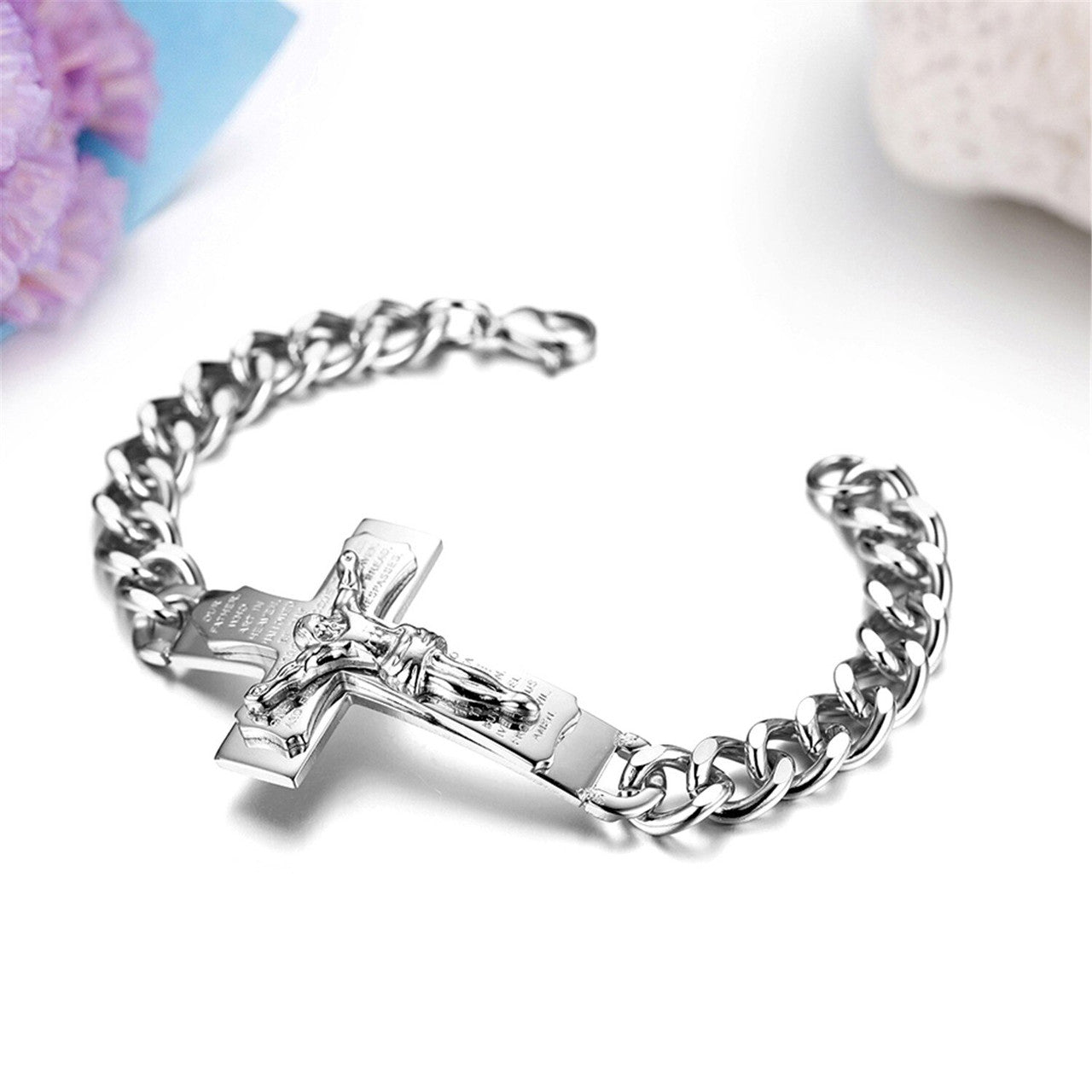 Mens Gold over Stainless Steel Cross Jesus Crucifix Casual Spiritual Bracelet