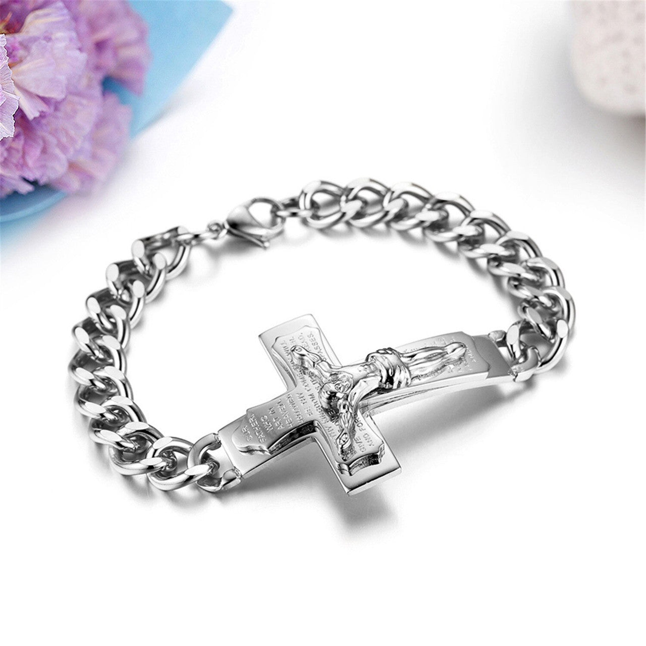 Mens Gold over Stainless Steel Cross Jesus Crucifix Casual Spiritual Bracelet