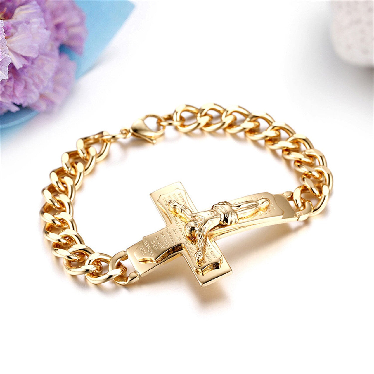 Mens Gold over Stainless Steel Cross Jesus Crucifix Casual Spiritual Bracelet