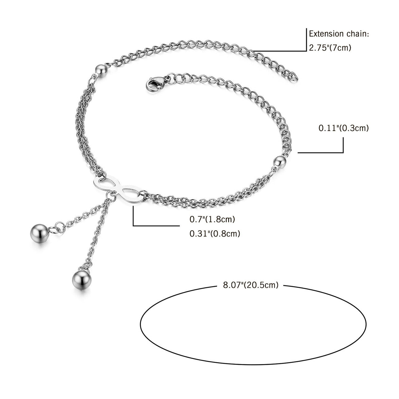 Ladies No Fade Stainless Steel Infinity High Fashion Bangle Chain Bracelets