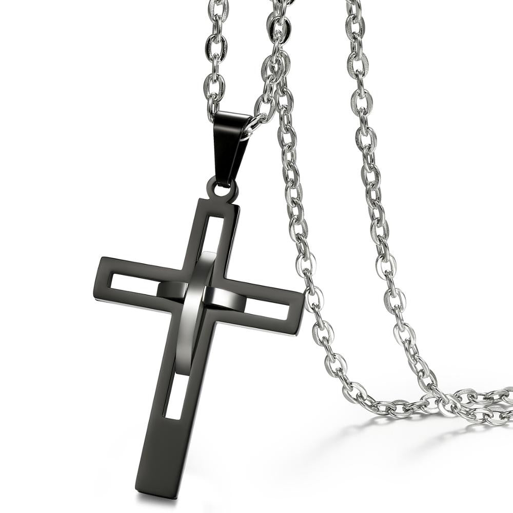 Retro Stainless Steel Gold Black Blue Silver Christian Cross Pendant Chain Necklace