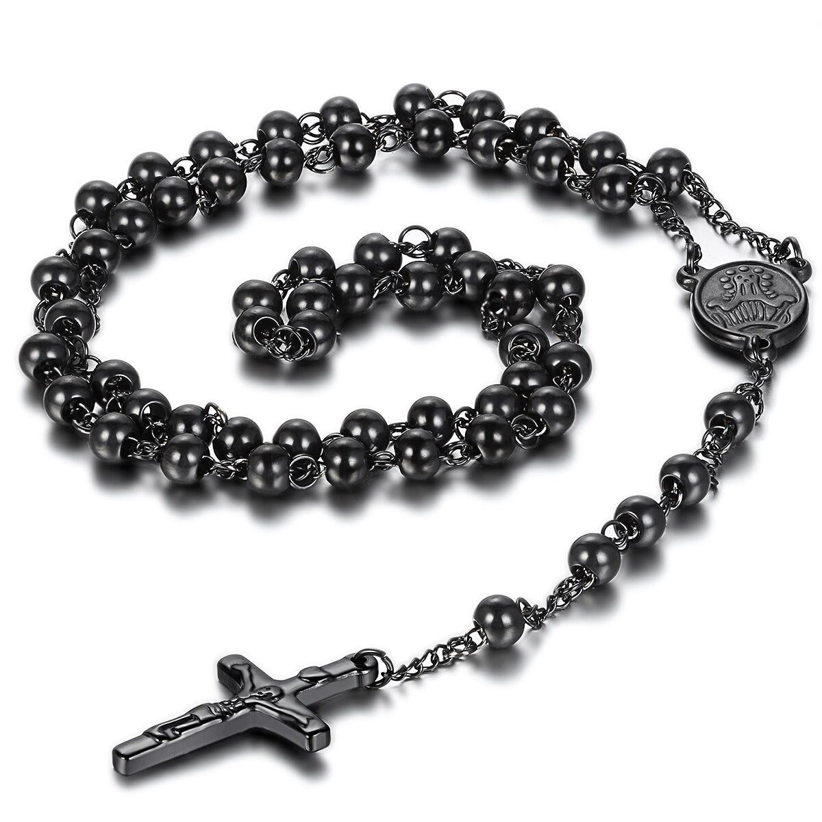Vintage Look Classic Style Stainless Steel No Fade Rosary Beads Jesus Christ Crucifix Cross Pendant
