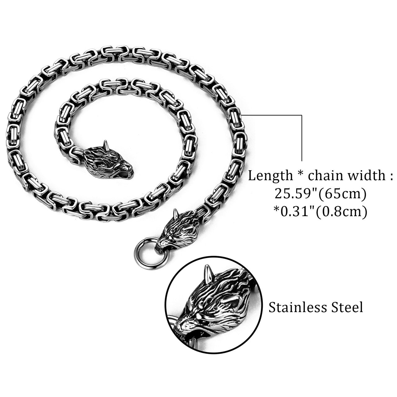Mens Double Wolf Head Byzanite Born To Dominate Stainless Steel Chain Necklace