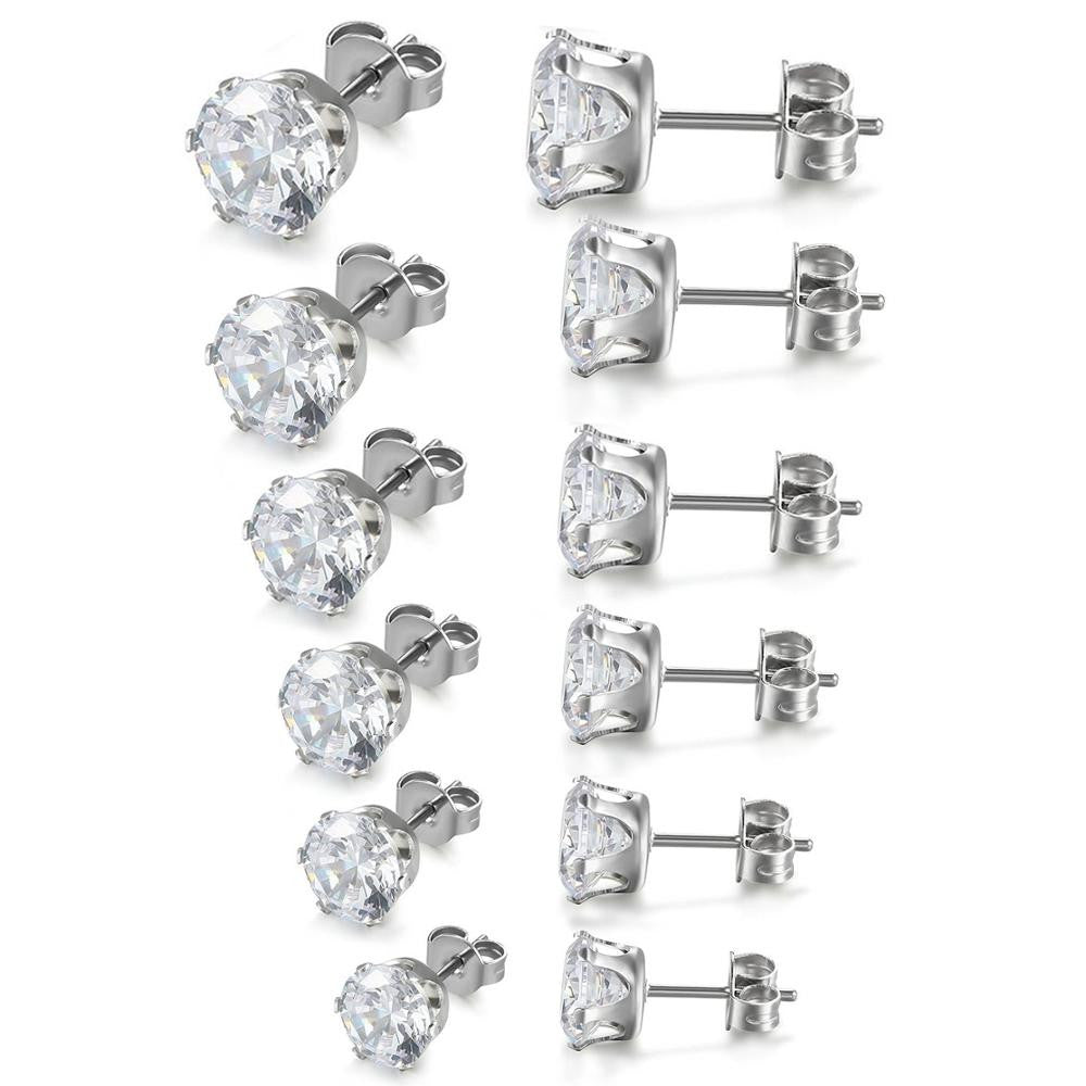 Mens Womens 6 Pair No Fade Stainless Steel 3A CZ Stone 3mm -8mm Bling Bling Earrings