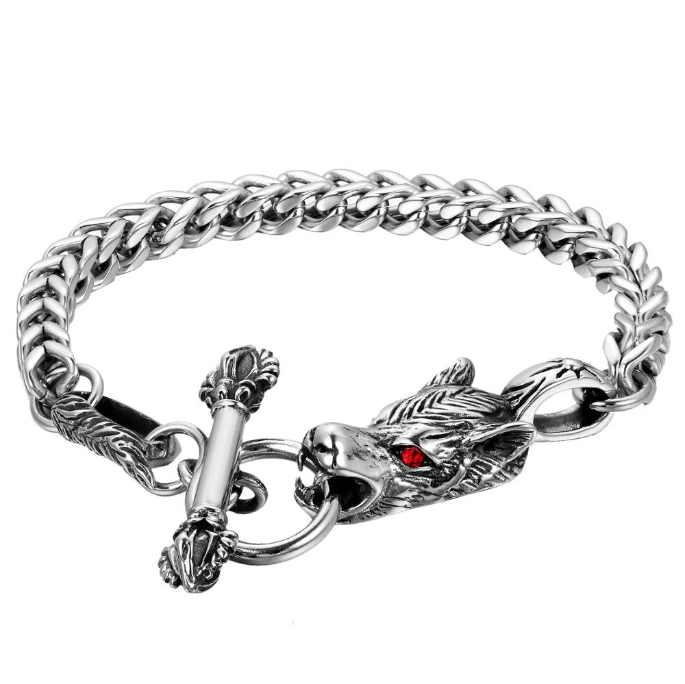 Mens Alpha Male No Fade Stainless Steel Inner Animal Wolf Bracelet