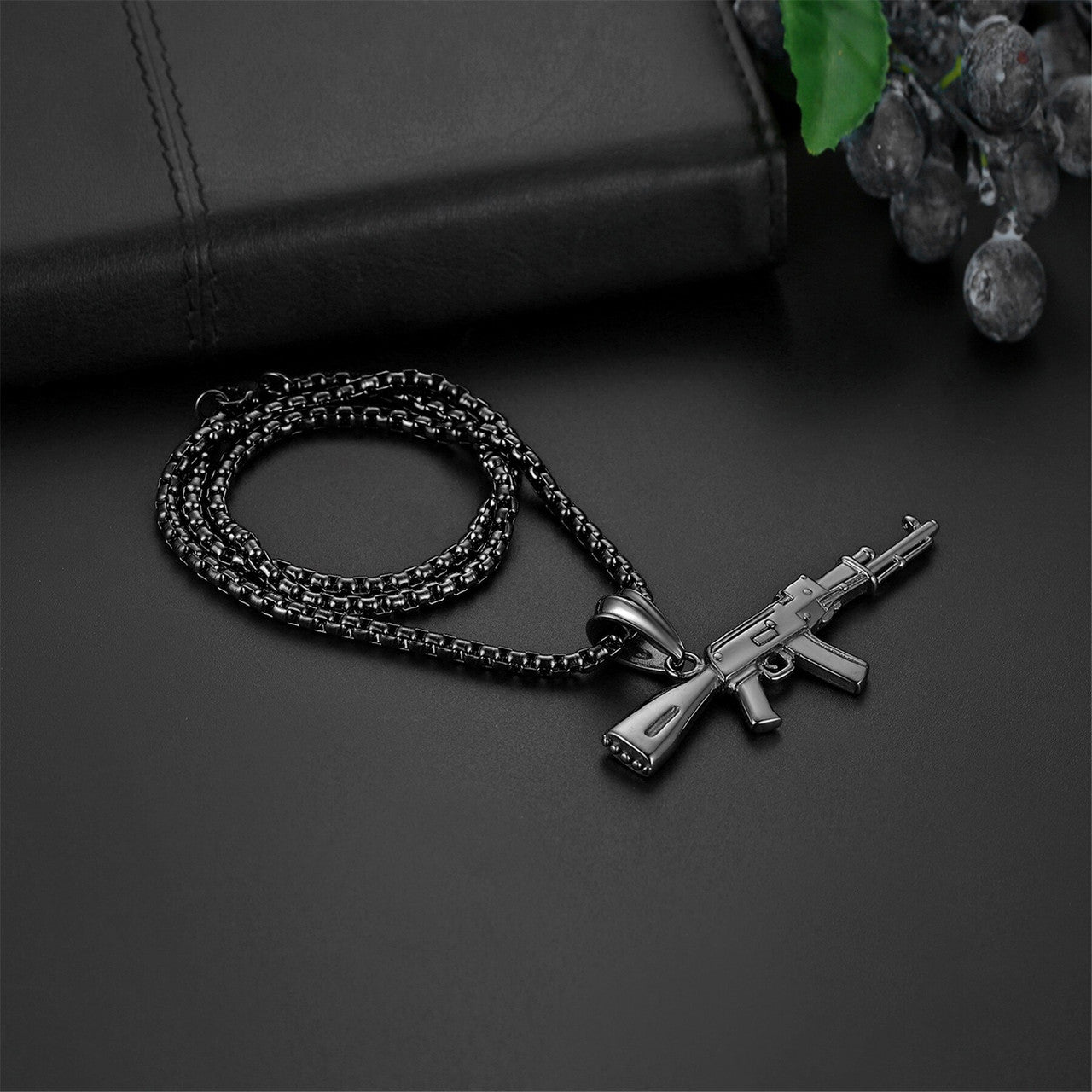 Mens Chopper Ak 47 Black Silver over No Fade Stainless Steel Army Style Hip Hop Pendant