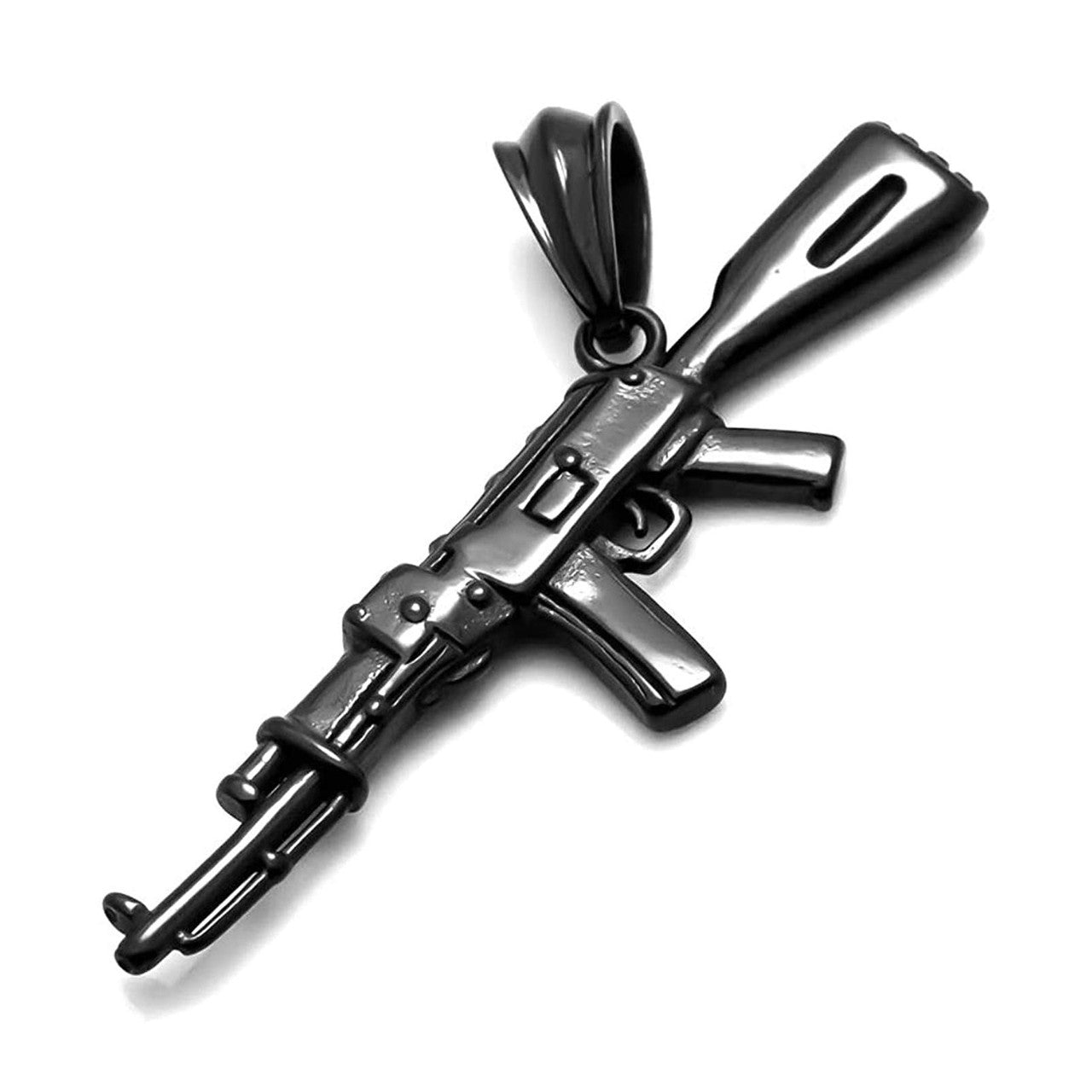 Mens Chopper Ak 47 Black Silver over No Fade Stainless Steel Army Style Hip Hop Pendant