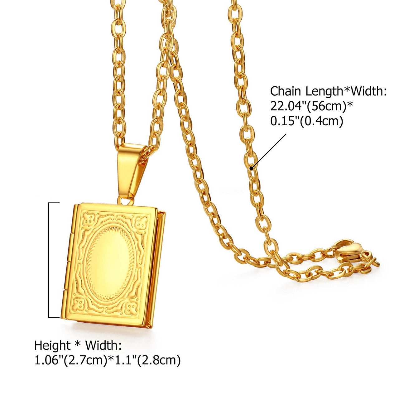 Square Open Book Frame No Fade Stainless Steel Photo Holder Casual Pendant Chain Necklace