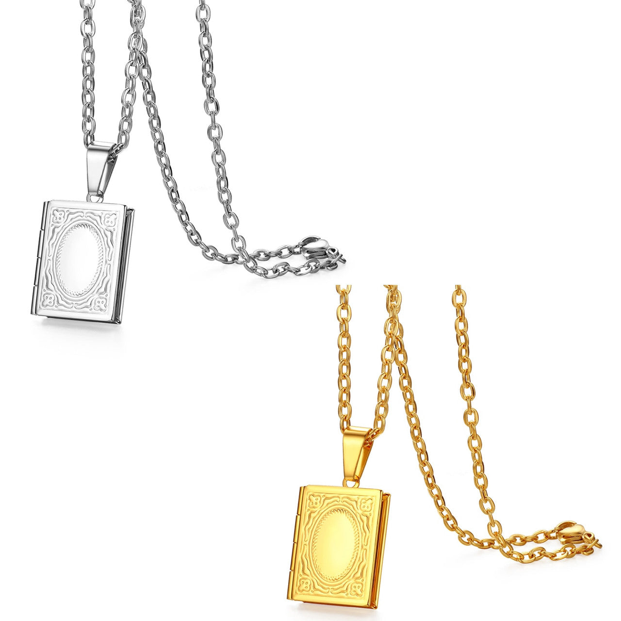 Square Open Book Frame No Fade Stainless Steel Photo Holder Casual Pendant Chain Necklace