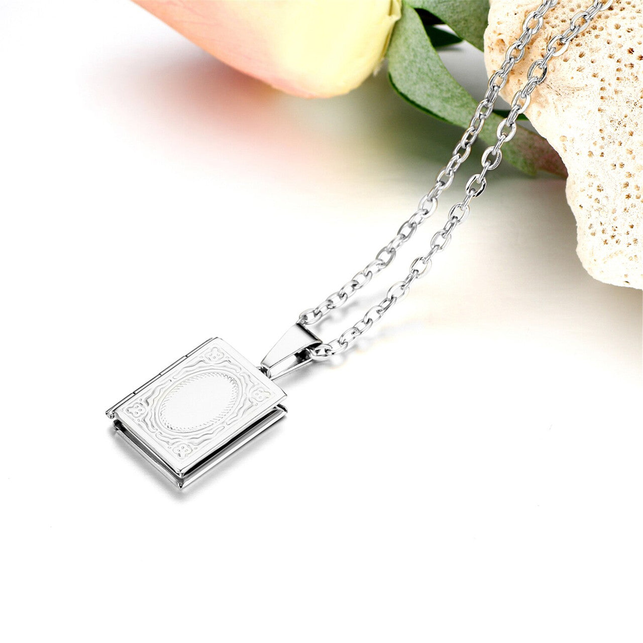Square Open Book Frame No Fade Stainless Steel Photo Holder Casual Pendant Chain Necklace