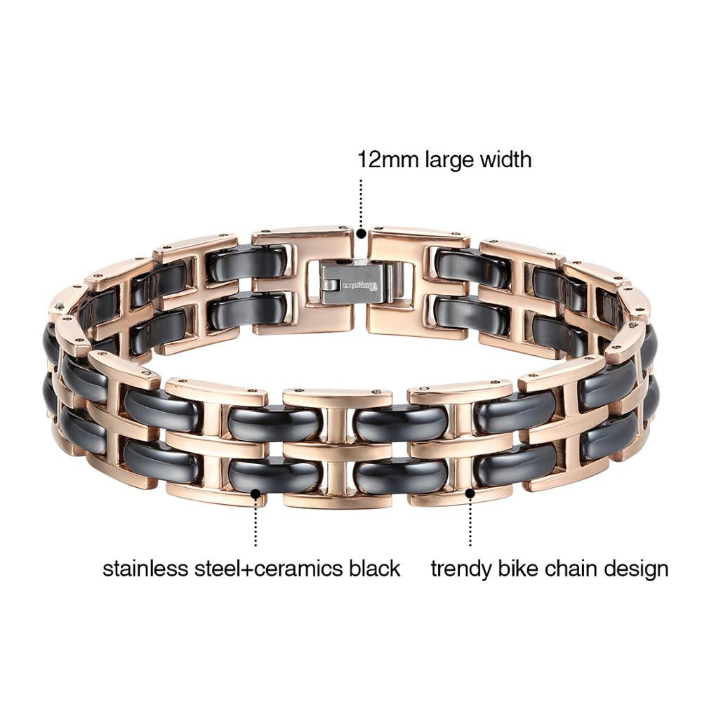 12mm Mens Rose Gold Over Stainless Steel Black Ceramic Energy Bracelet