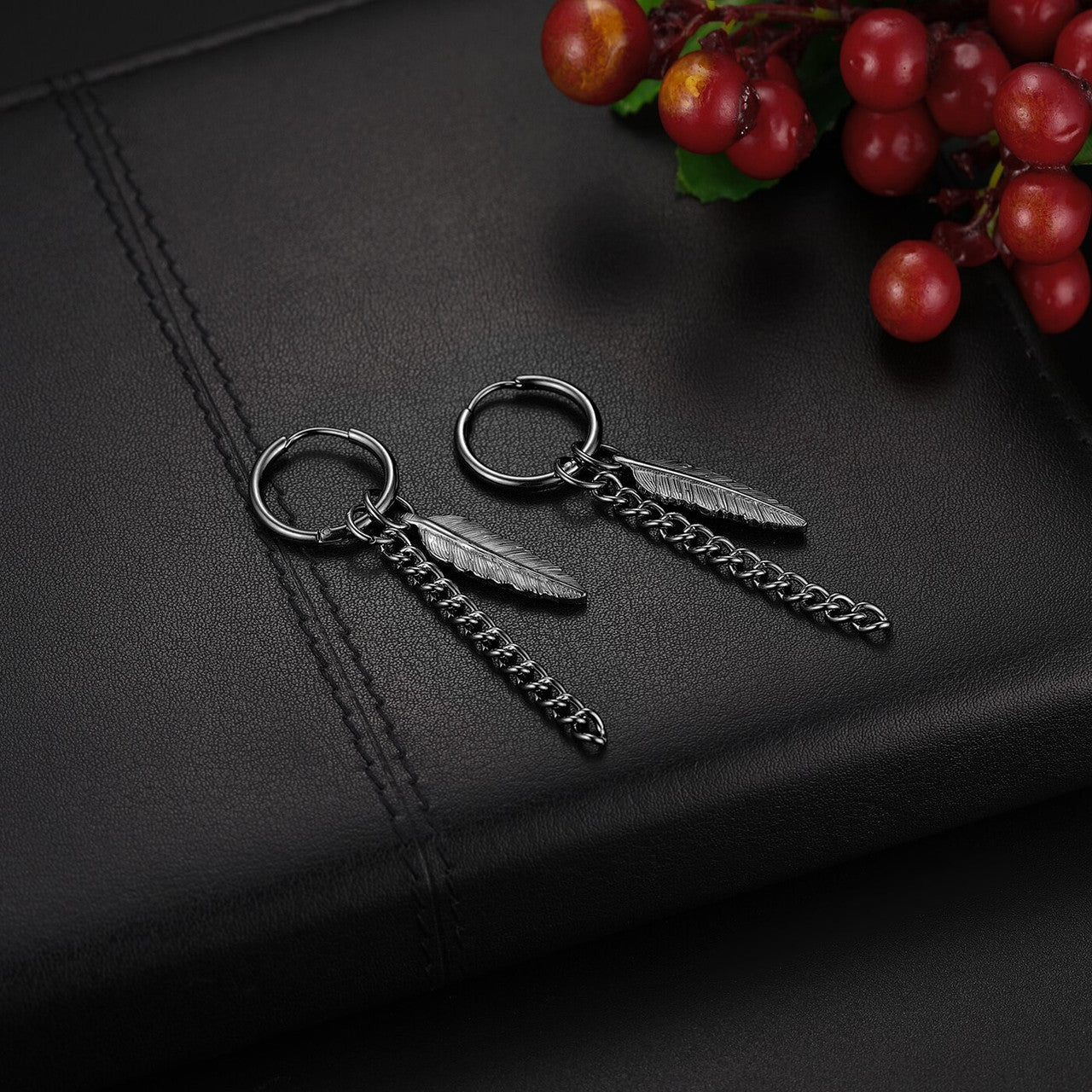 Black 14k Gold Silver over Stainless Steel Tribal Feather Leaf Earrings