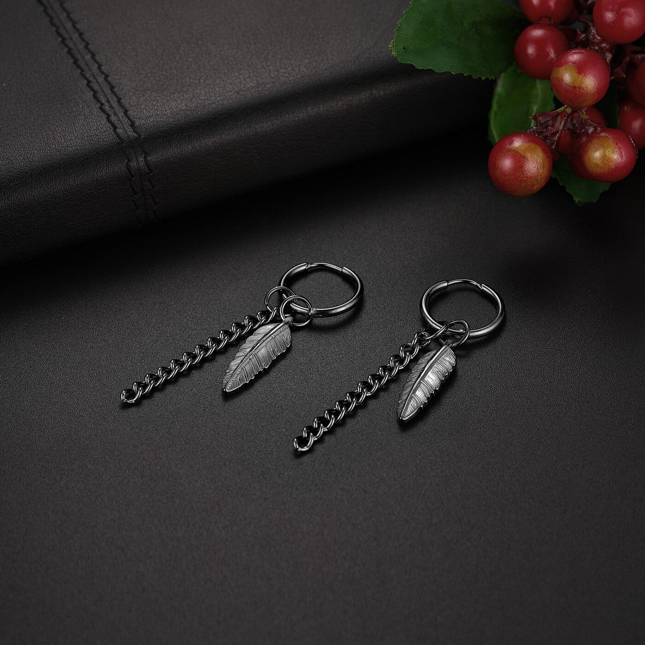 Black 14k Gold Silver over Stainless Steel Tribal Feather Leaf Earrings