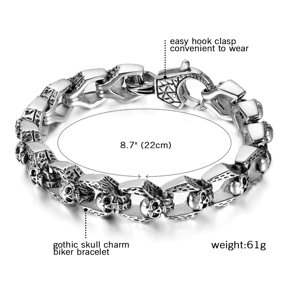 Mens No Fade Stainless Steel Skull Link Street Wear Biker Boy Bling Bracelets