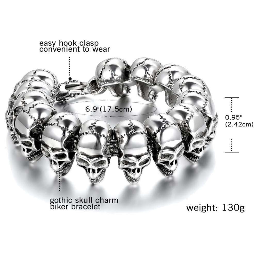Mens Street Wear Biker Skull Hip Hop No Fade Stainless Steel Motorbycle Bracelets