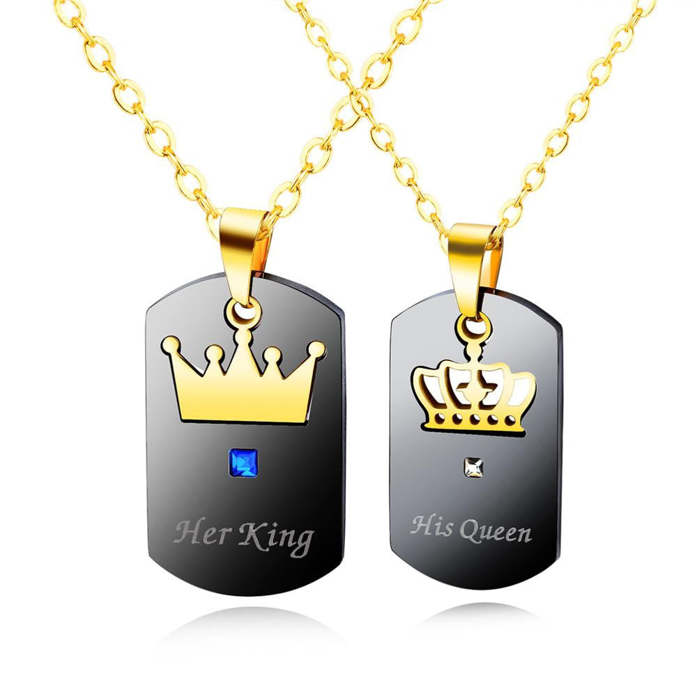 Couples Bling CZ Her King His Queen Lovers Stainless Steel No Tarnish Dog Tag Pendant Chain Necklace