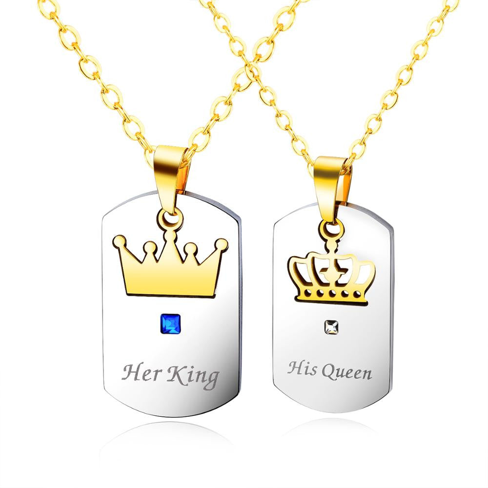 Couples Bling CZ Her King His Queen Lovers Stainless Steel No Tarnish Dog Tag Pendant Chain Necklace