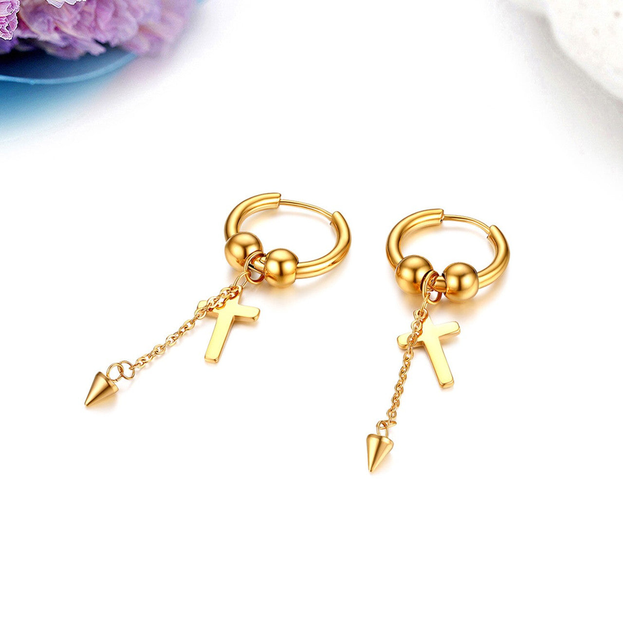 Cross Dangling 14k Gold Silver Black over No Tarnish Stainless Steel Earrings