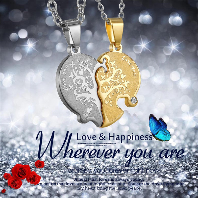2 Piece Tree Of Life Heart Couples Love No Fade Bling Stainless Steel Pendant Chain Necklace