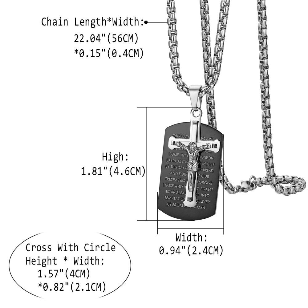 Mens Stainless Steel Dangling Jesus Crucifix Jesus Lords Prayer Pendant Cross Chain