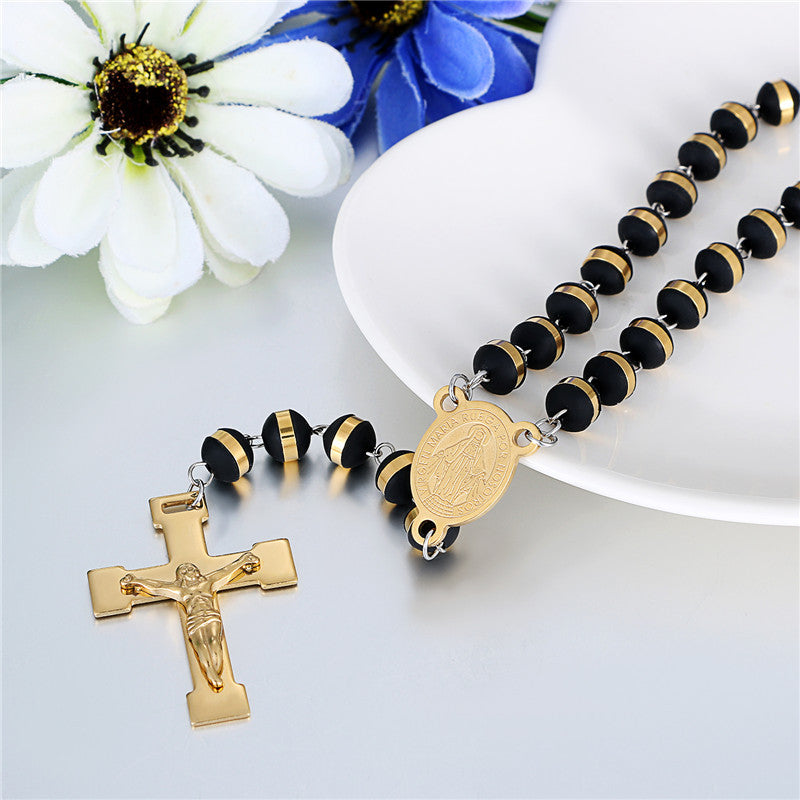Stainless Steel No Fade Mens Cross Rosary Bead Gold Pendant Chain Necklace