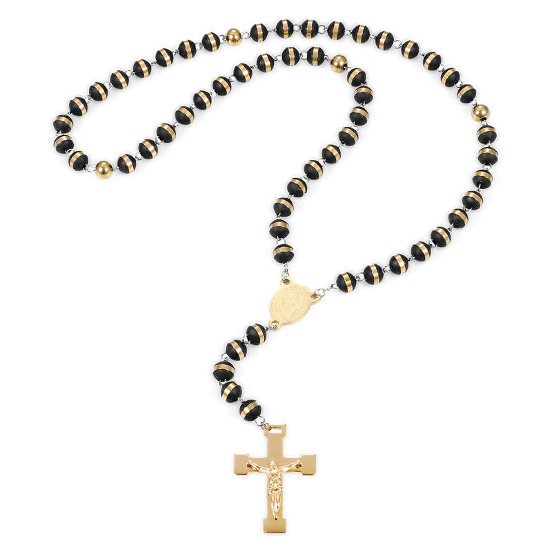 Stainless Steel No Fade Mens Cross Rosary Bead Gold Pendant Chain Necklace