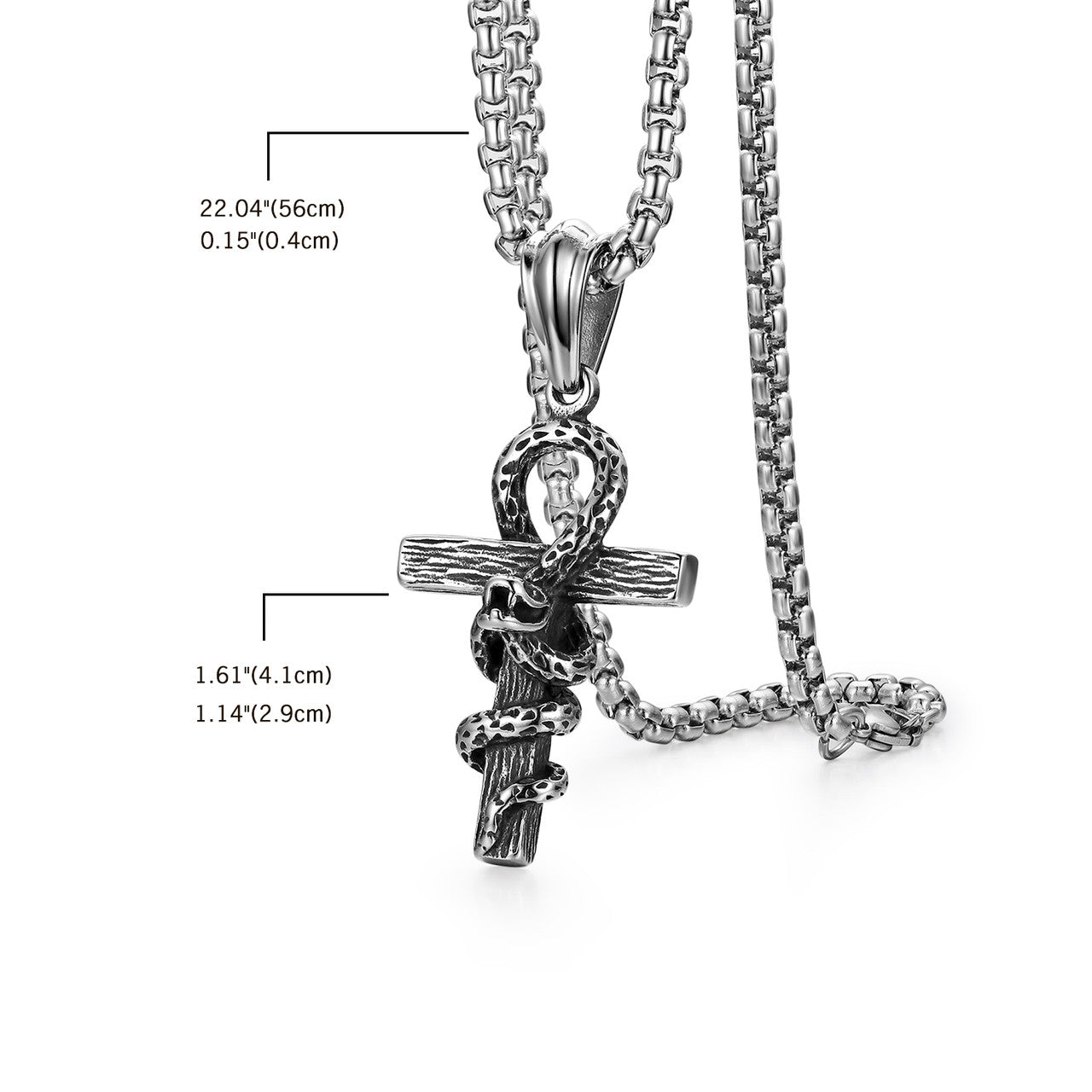 Stainless Steel Ankh Cross Cobra Snake Pendant Chain Necklace