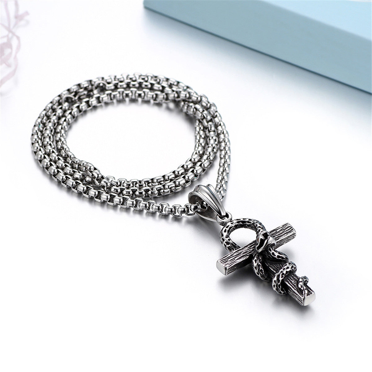 Stainless Steel Ankh Cross Cobra Snake Pendant Chain Necklace