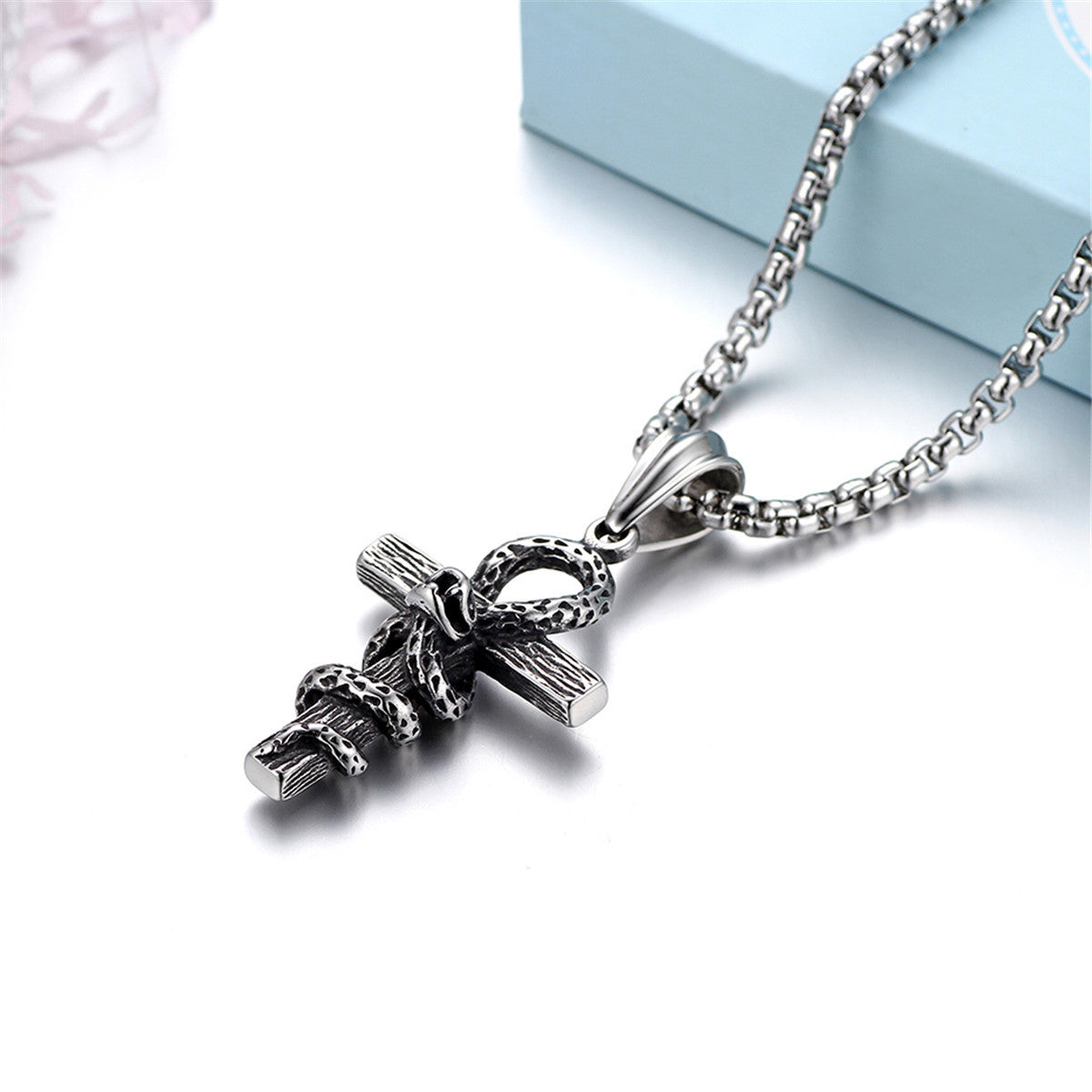 Stainless Steel Ankh Cross Cobra Snake Pendant Chain Necklace