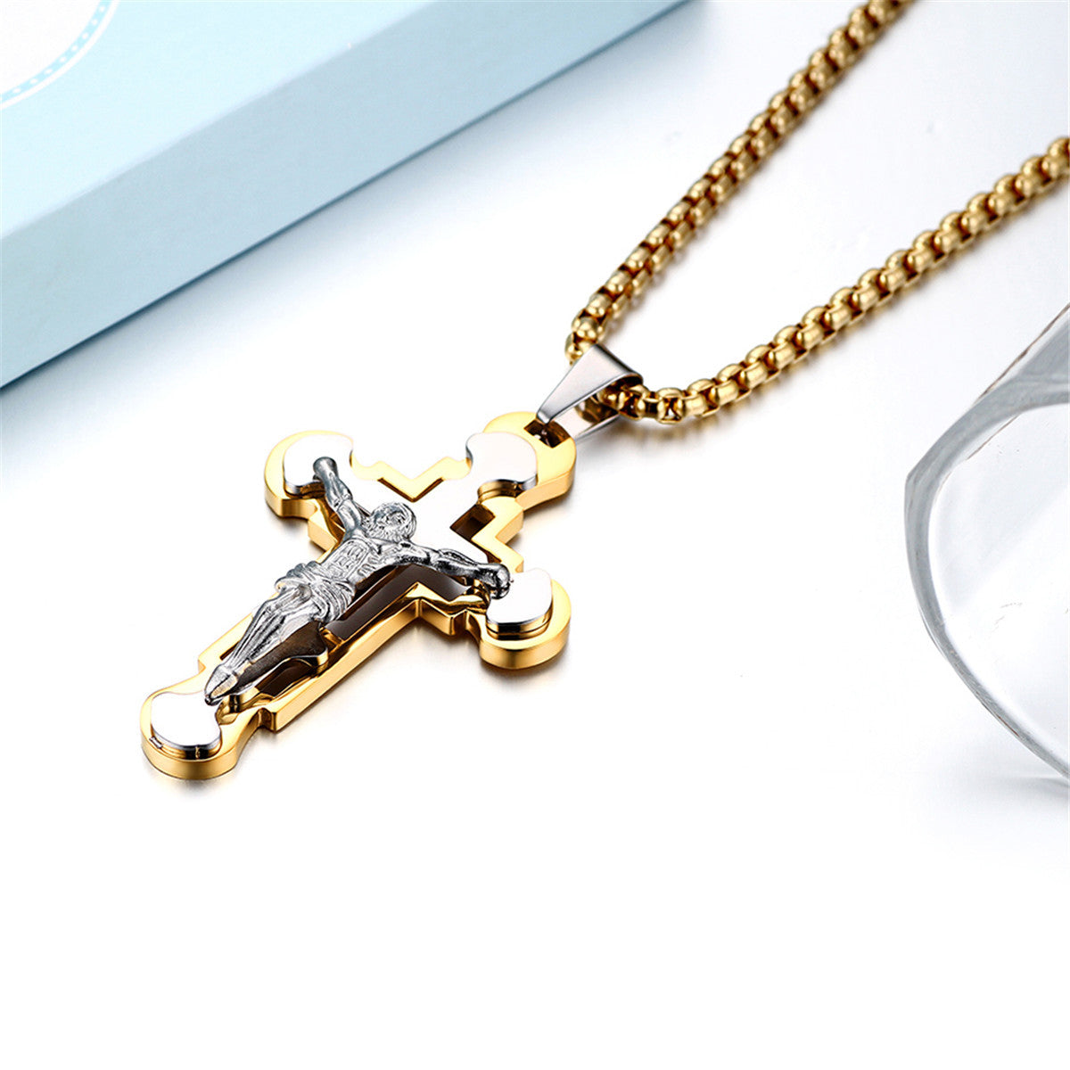 Gold Black Silver Stainless Steel Jesus Cross No Tarnish Pendant Chain Necklace