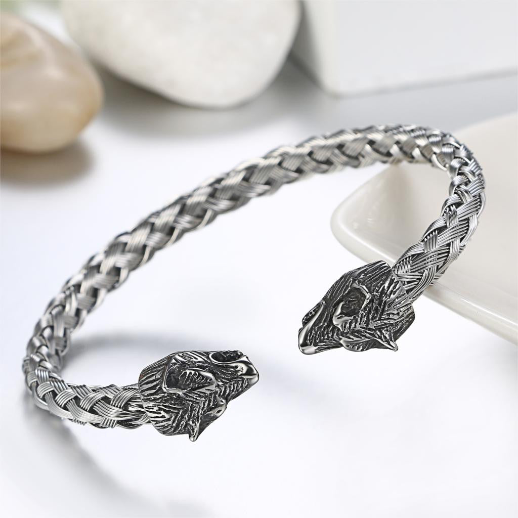 Mens Double Head No Fade Stainless Steel Wolf Bangle Street Wear Bracelets