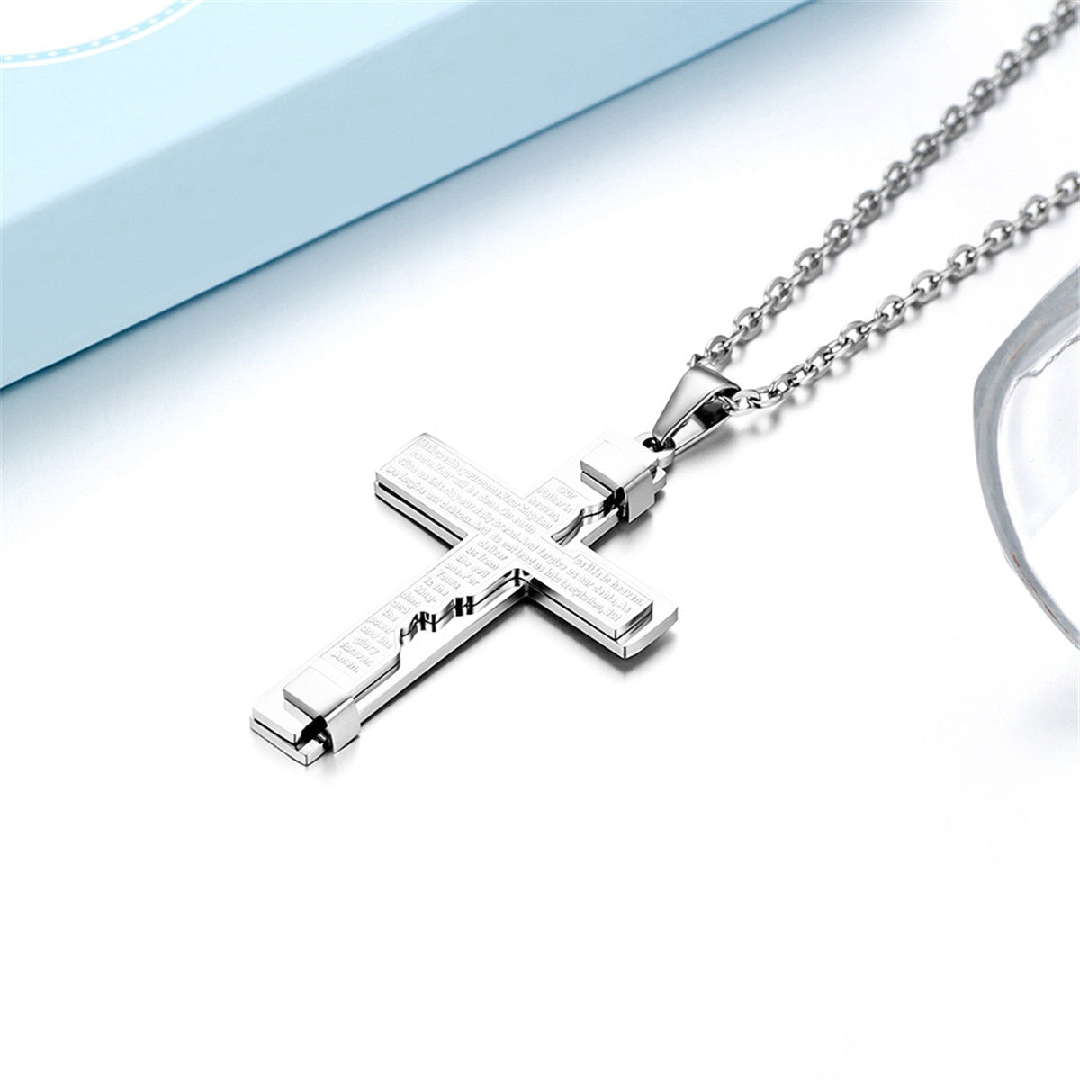 Mens Classic Stainless Steel Lords Prayer Cross Pendant Chain Necklace