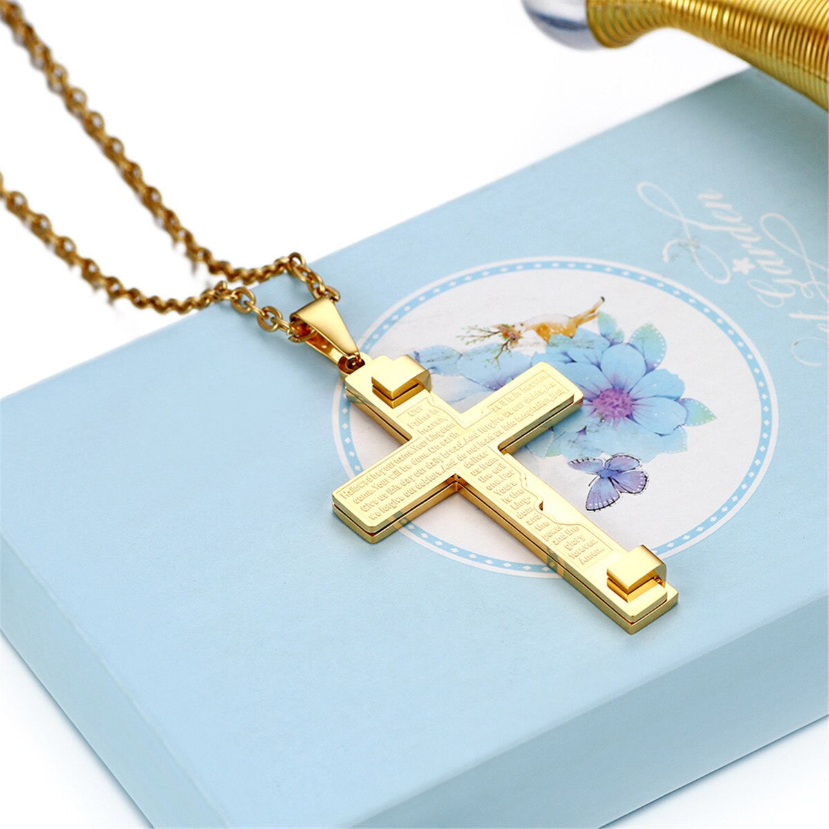 Mens Classic Stainless Steel Lords Prayer Cross Pendant Chain Necklace