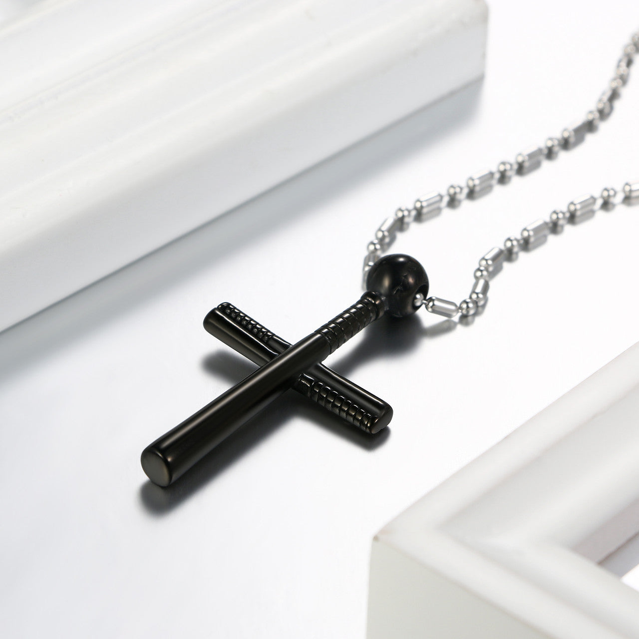 Men's No Fade Stainless Steel Casual Street Wear Baseball Bat Cross Pendant Chain Necklace