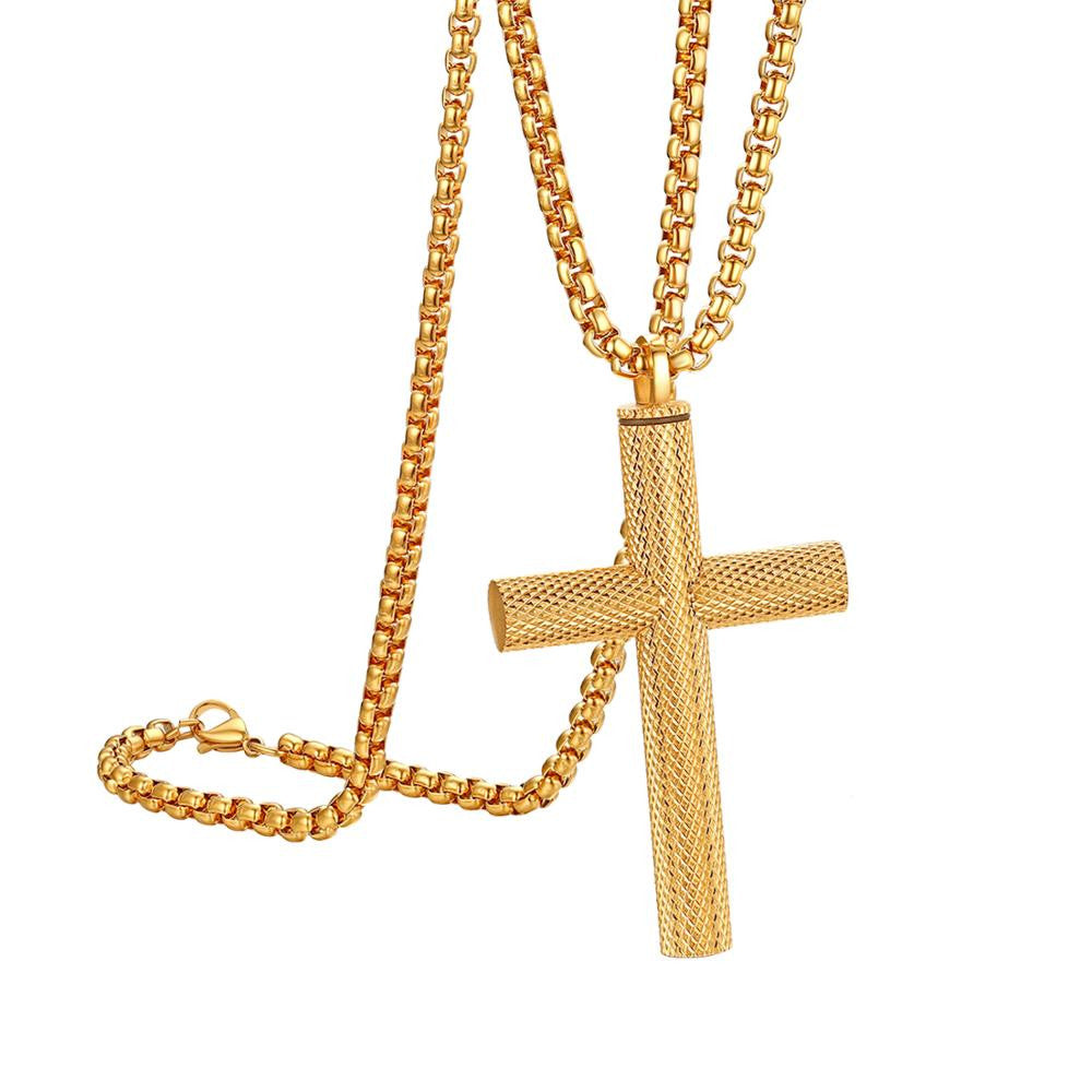 Men's No Fade Stainless Steel Cylinder Cross Pendant Chain Necklace