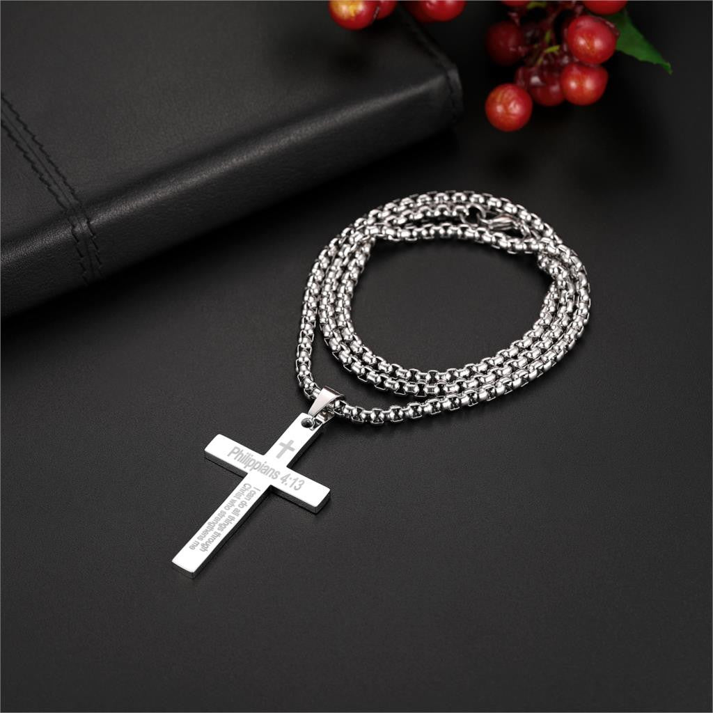 Mens Philippians 4 :13 I Can Do all Things Stainless Steel Cross Pendant