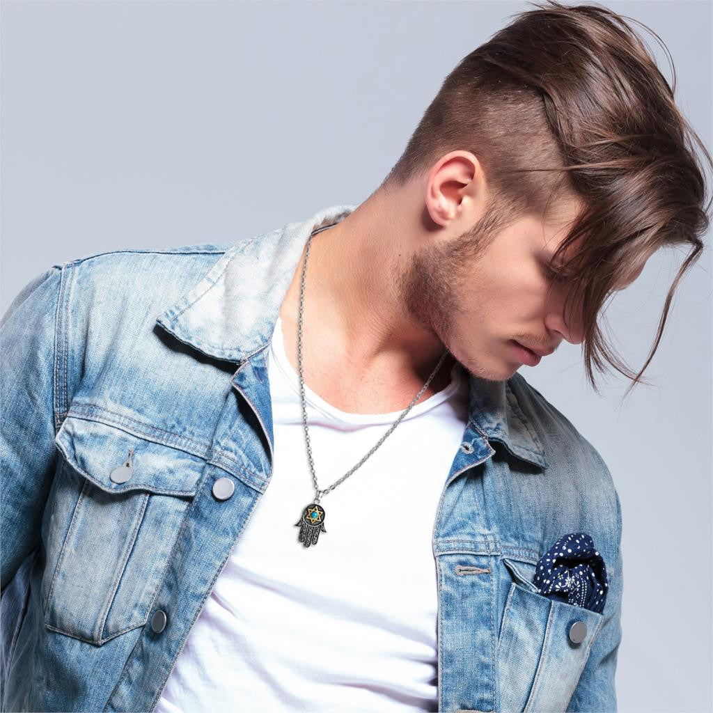 Mens No Fade Stainless Steel Star Hand Of Fatima Pendant Chain Necklace